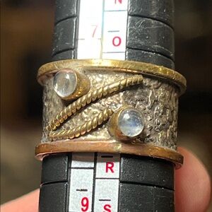 Artisan Moonstone Sterling Silver Cooper Brass Textured Wide Cigar Band Ring